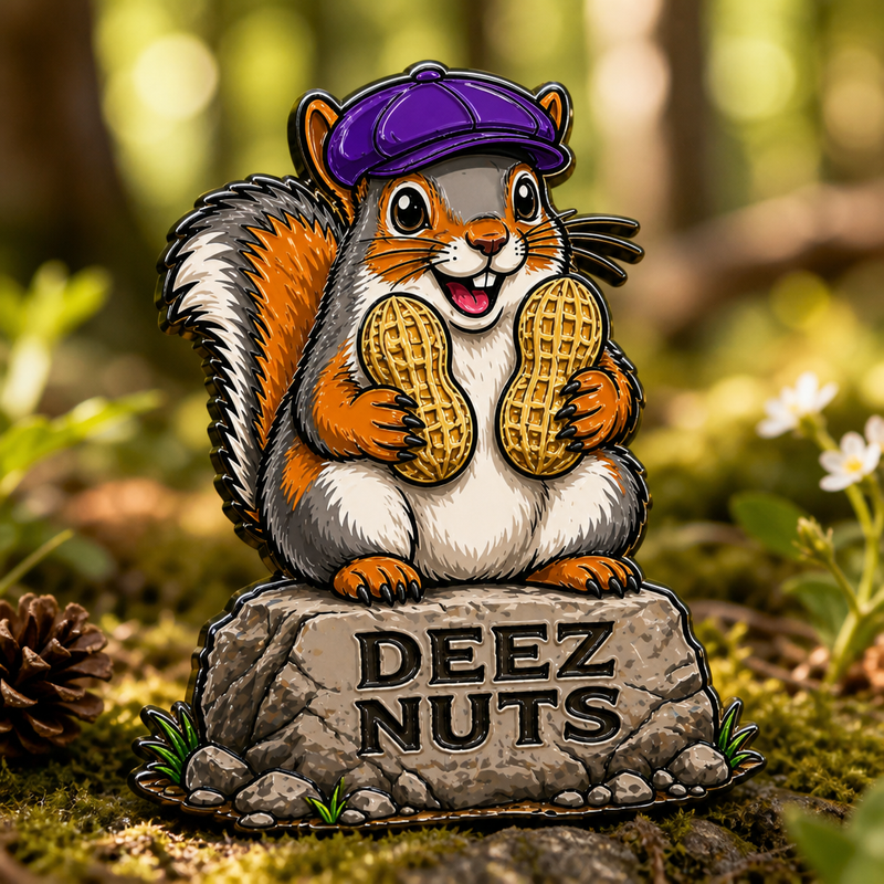 DEEZ NUTS soft enamel pin — AI product shot