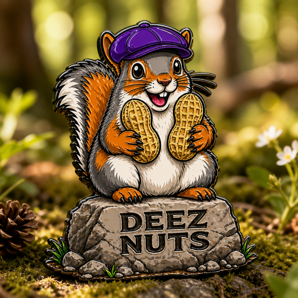 DEEZ NUTS soft enamel pin — AI product shot