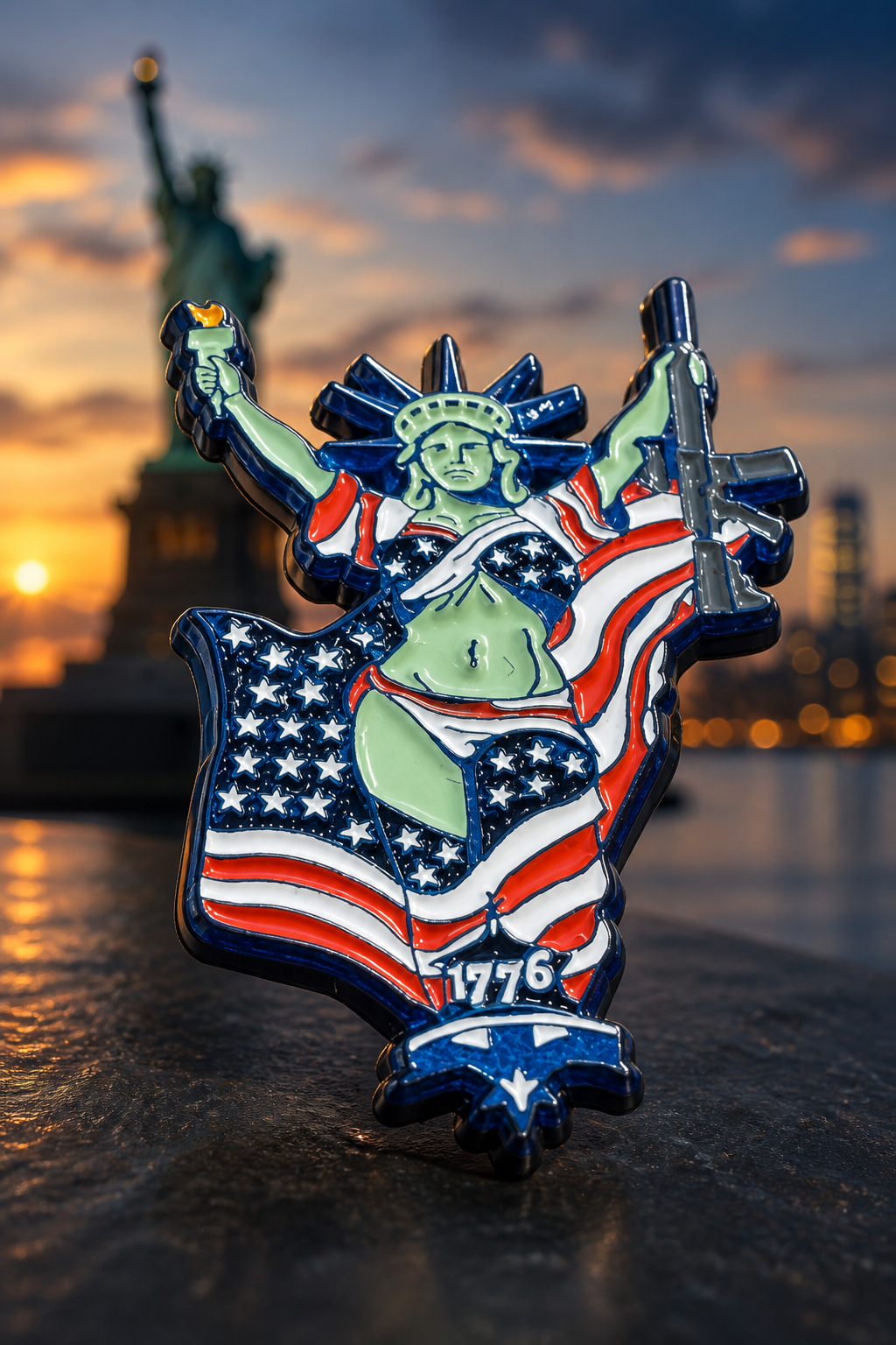Lady Liberty soft enamel pin — AI product shot