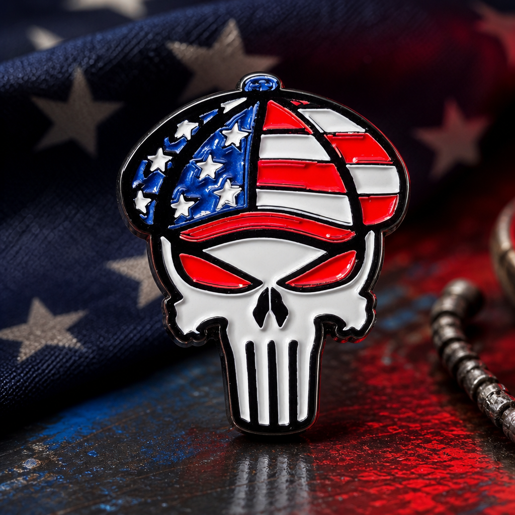 Patriotic Punisher soft enamel pin — AI product shot