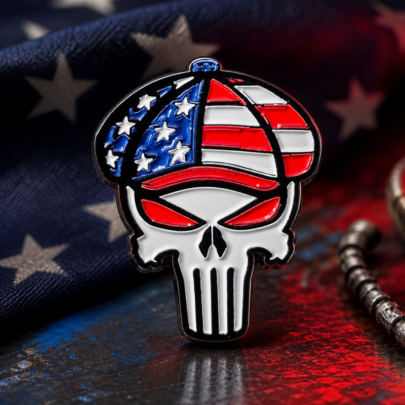 Patriotic Punisher soft enamel pin — AI product shot